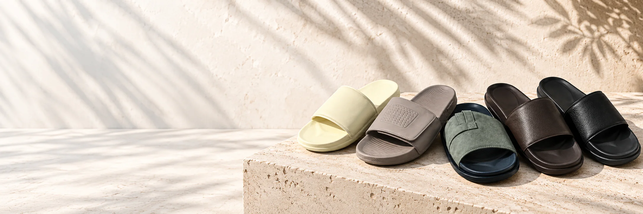 Cream, taupe, sage, brown and black STARDOTS slides on a sunlit travertine block